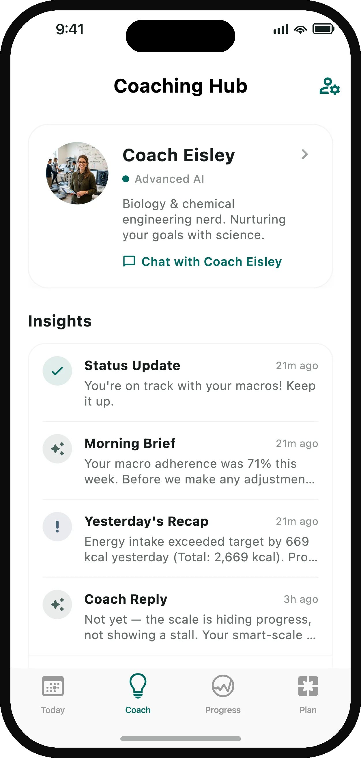 The Coach tab: this week's report card and the coach's insights with a suggested adjustment