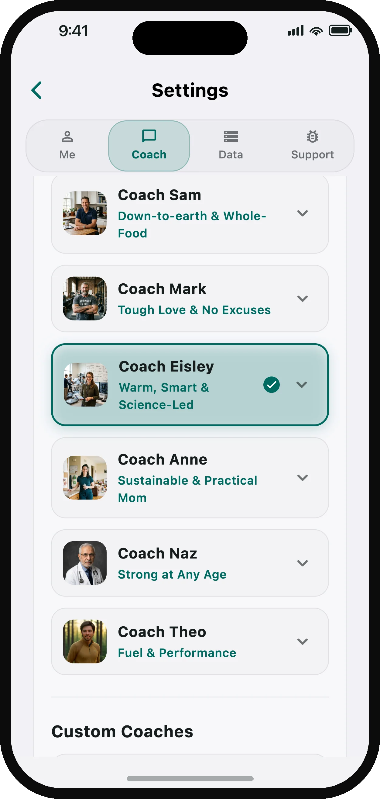 The coach picker: six coaching personalities to choose from, plus the option to create your own