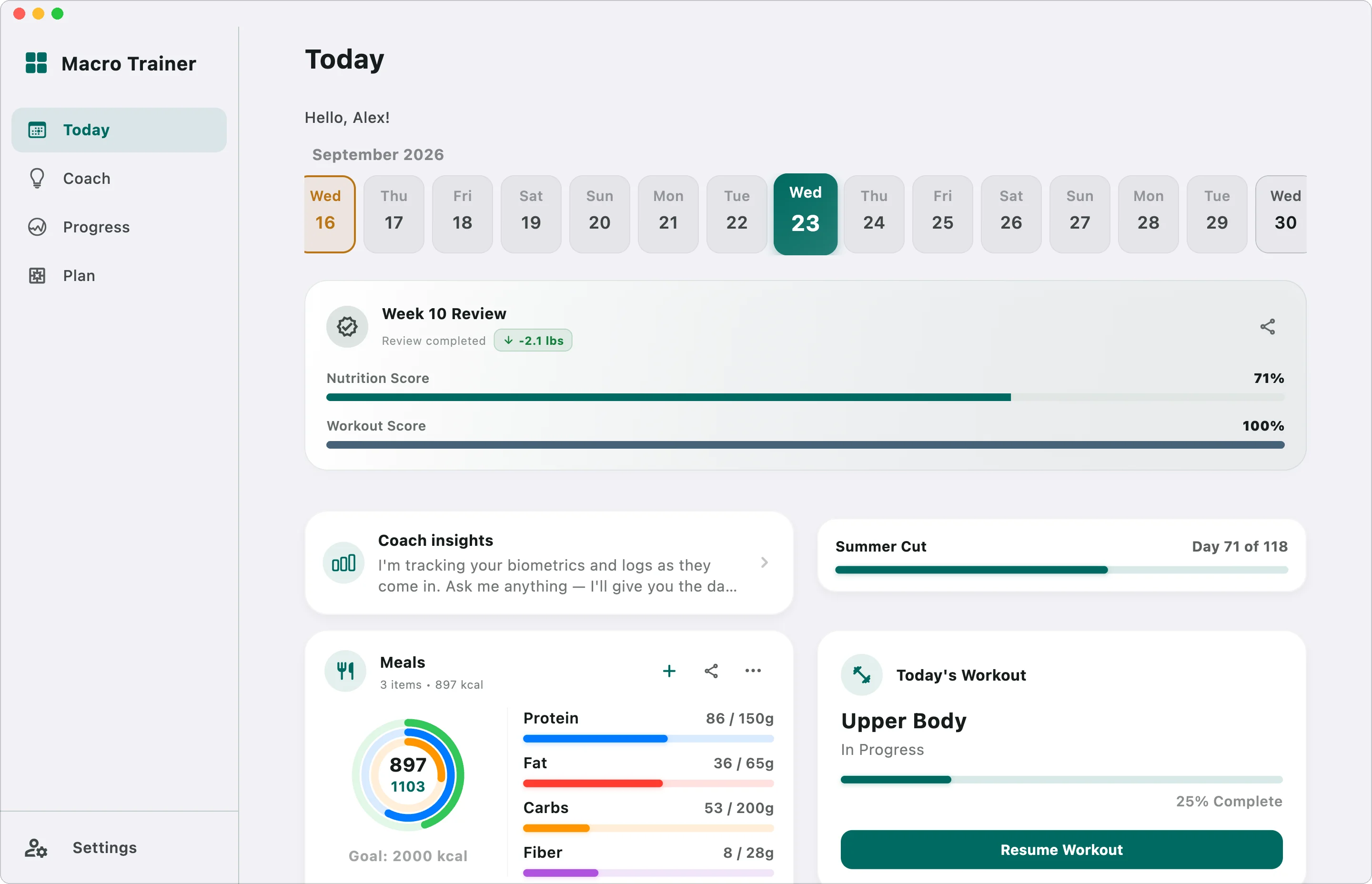 Macro Trainer on a Mac: the Today screen laid out for a wide window, with meals, the coach, recovery and activity side by side