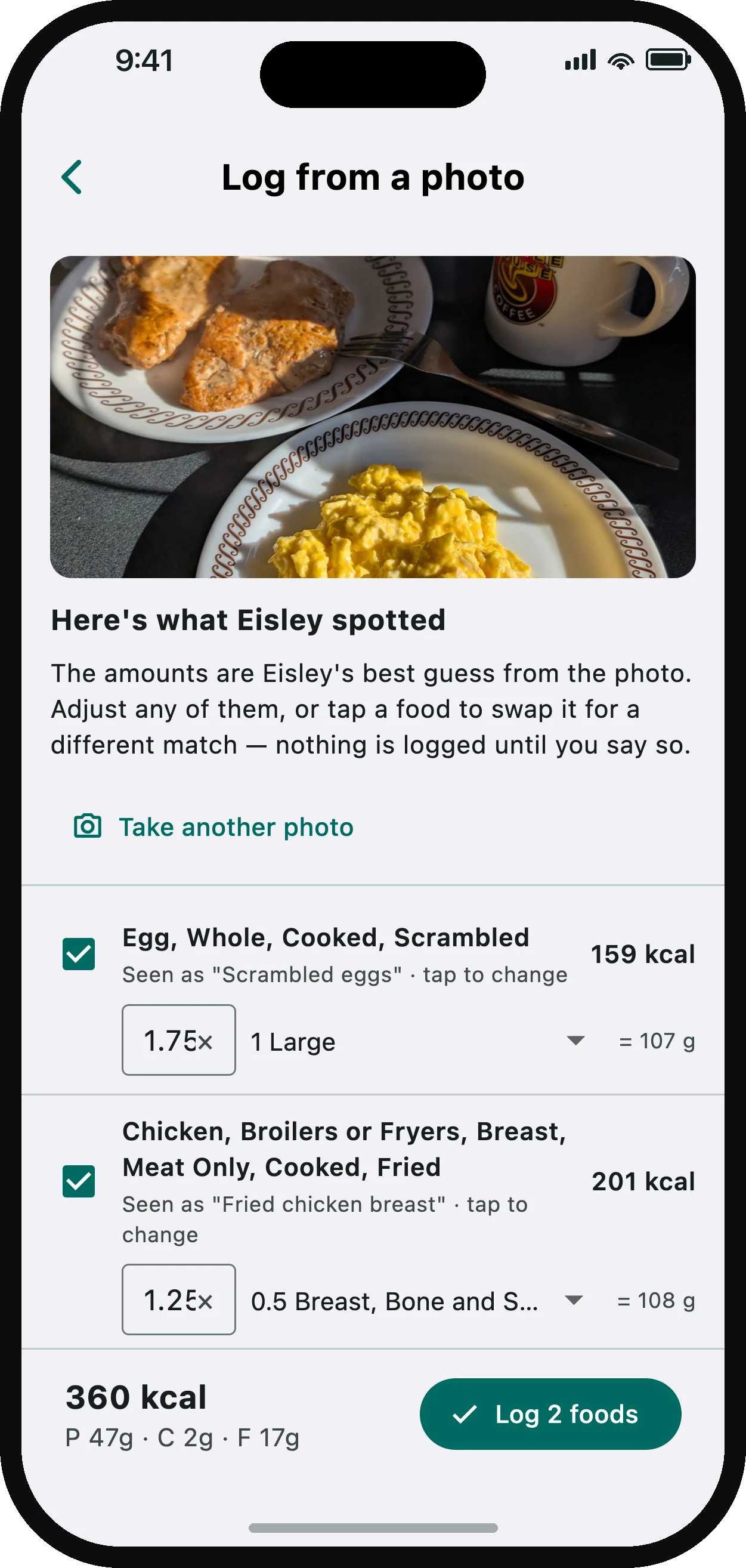 Photo food logging: a plate photographed, with each food the coach recognised listed underneath with its portion and macros