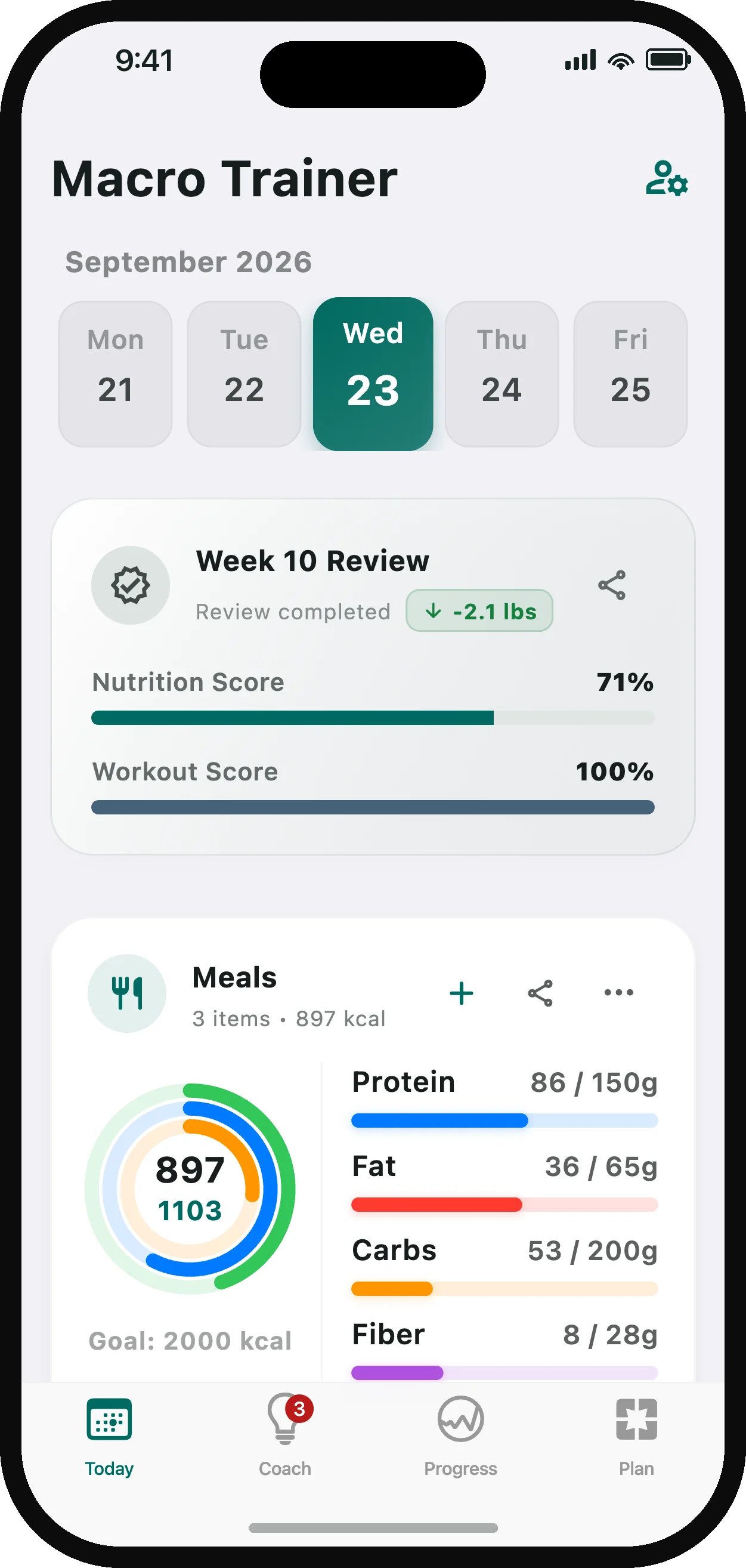 Macro Trainer's Today screen on an iPhone: meals logged against targets, the week's report card, and a note from the coach