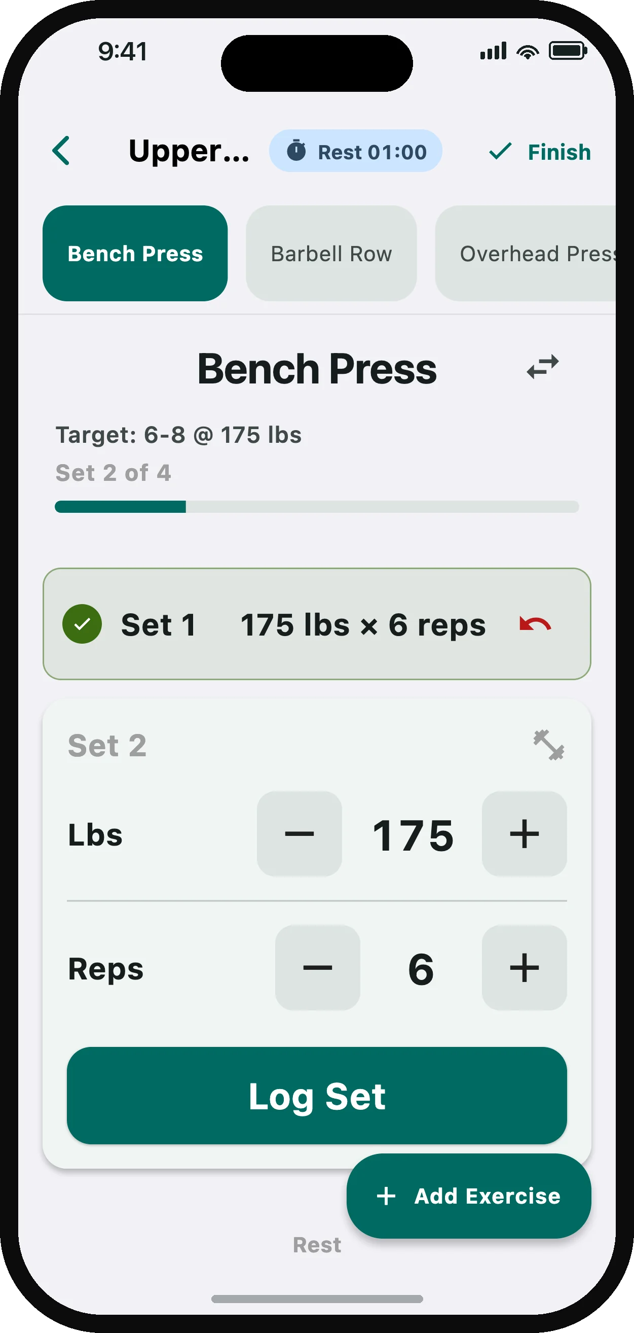 A workout in progress: exercises with target sets and reps, big controls and a rest timer