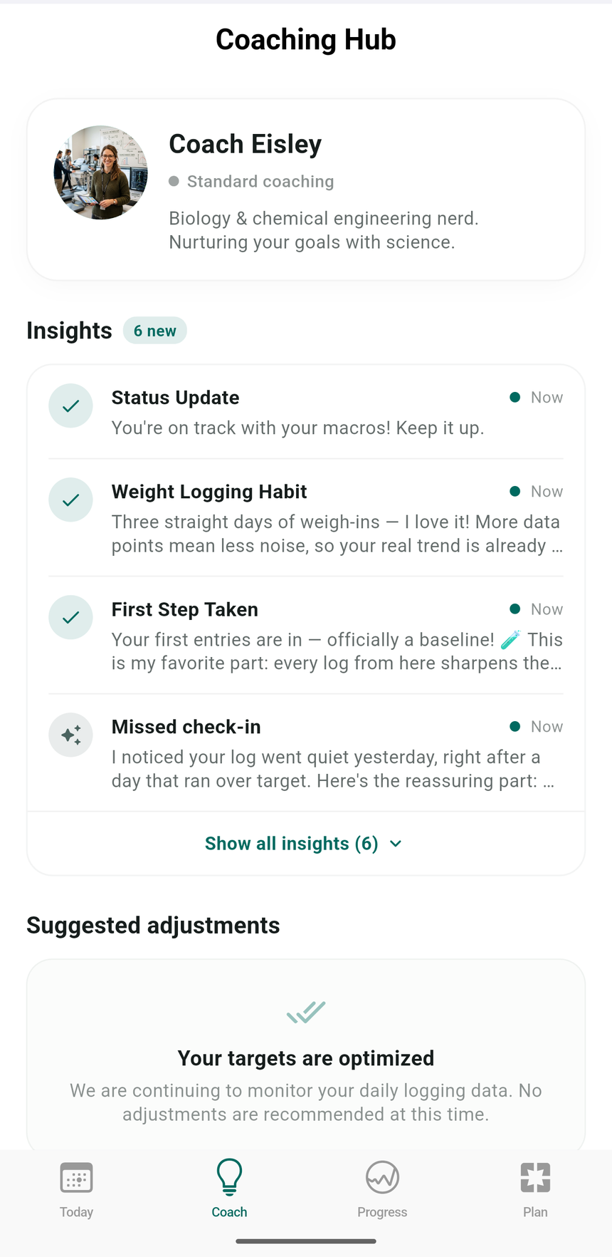 Coaching Hub with coach insights and suggested adjustments