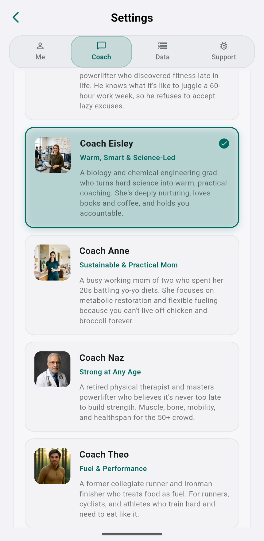 Coach picker with six coaching personalities