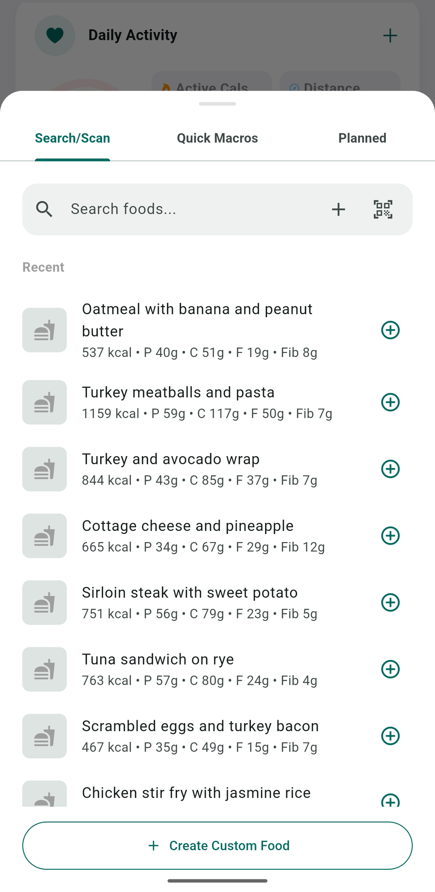Food search with instant results and recent meals
