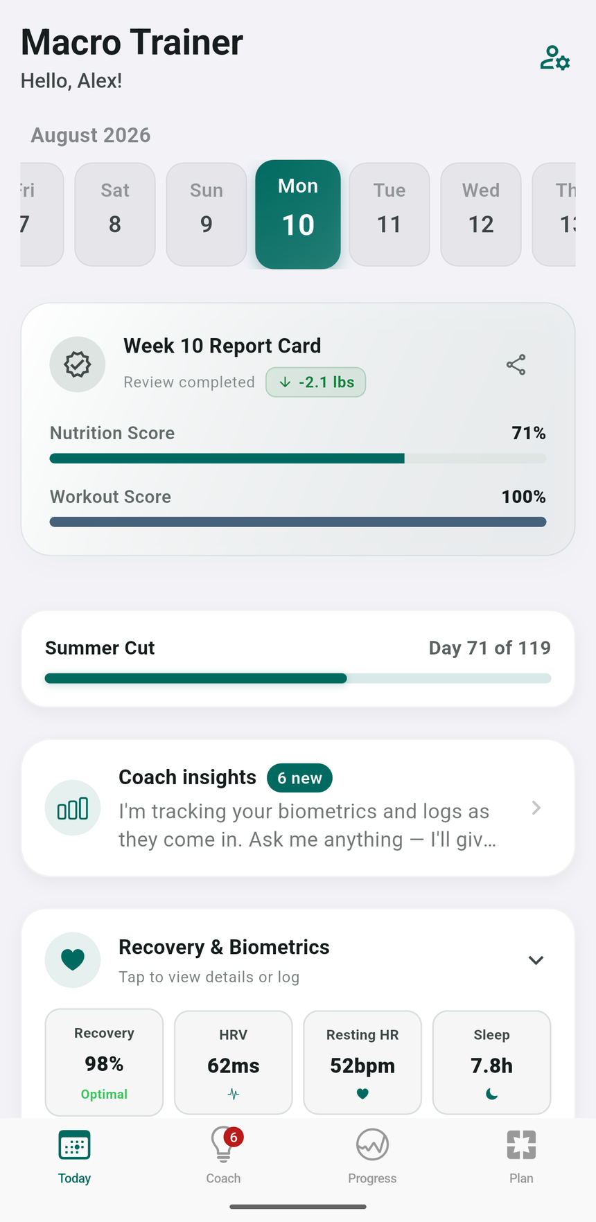 Macro Trainer Today dashboard with report card, coach insights, and biometrics